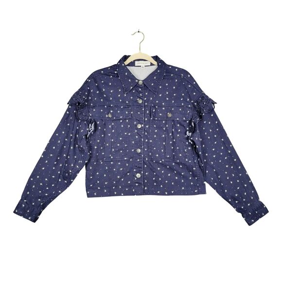 SOMETHING NAVY Celeste Blue Floral Ditsy Eyelet Ruffle Detail Jacket SIZE MEDIUM - Picture 4 of 13